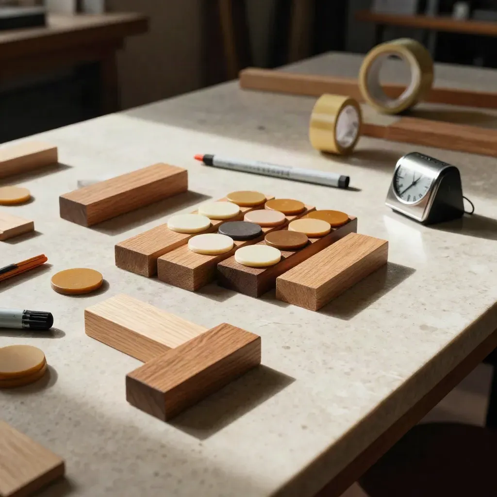 Workshoptafel met taakblokken, kleurtokens, markers en timer op travertin