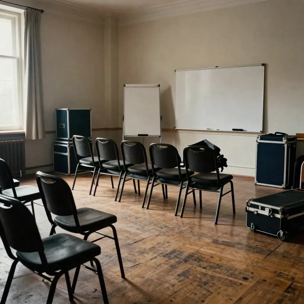 Lege trainingsruimte met stoelen, flipchart en rolkoffer in koel raamlicht.