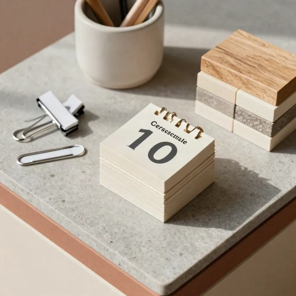 Flatlay van kalenderblokken, clips, penhouder en tijdsblokken op een matte stenen plank.