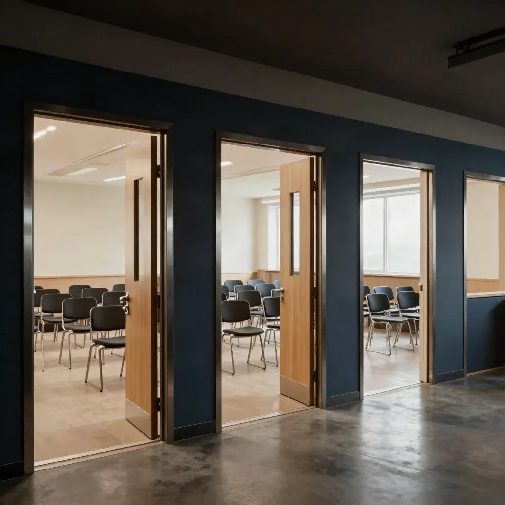 Drie aangrenzende trainingszalen met open deuren en uitgelijnde stoelen in avondlicht.