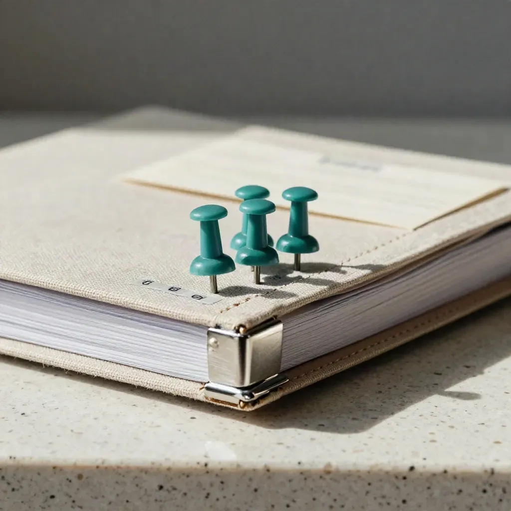 Extreme macro van een linnen agenda met metalen hoekjes en teal routepins op travertin.