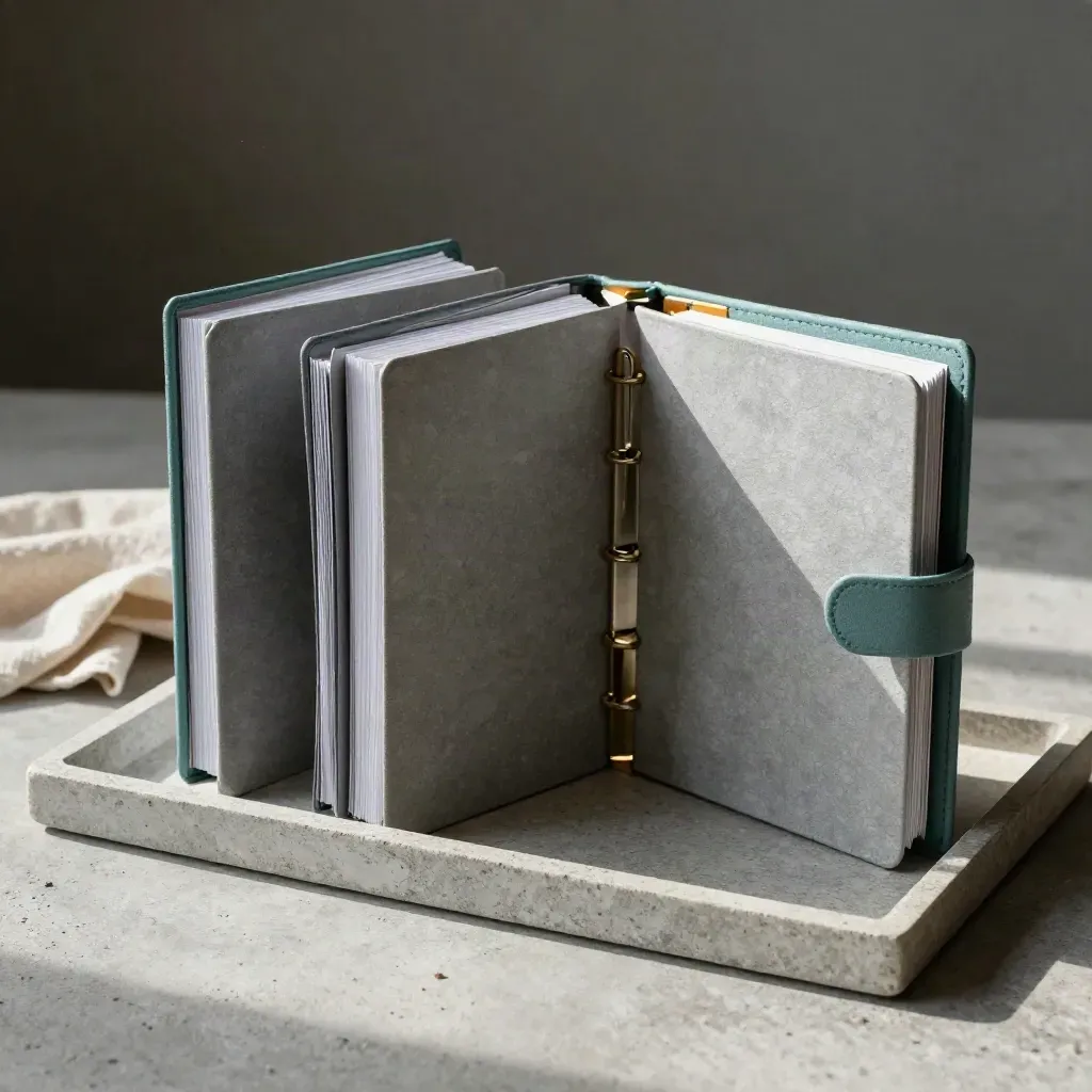 Drie cursusbinders met dividers en samplekaarten op een stenen tray in zacht licht.