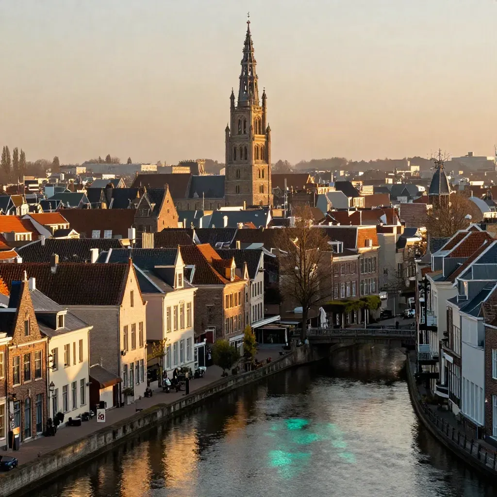 De Domtoren boven Utrechtse grachten bij gouden avondlicht met rustige waterlijn.