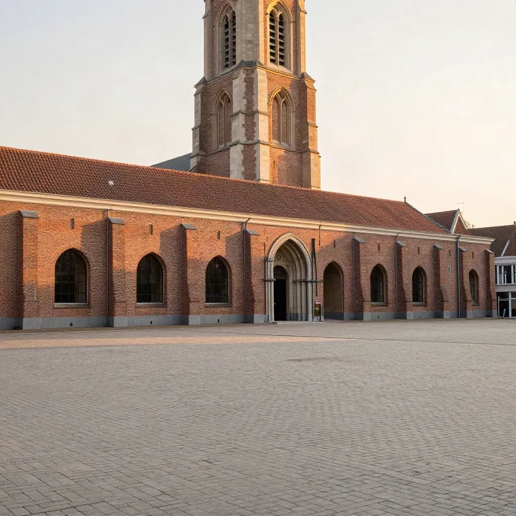 Noord-Brabantse kerktoren boven een rustig, leeg plein in avondlicht